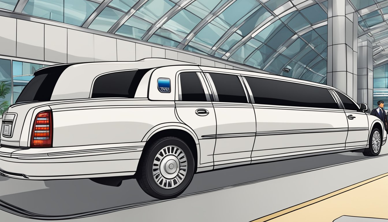 A luxurious limousine waits at the airport, bearing the UOB AMEX PRVI logo, ready to provide complimentary transfer services for travelers in Singapore