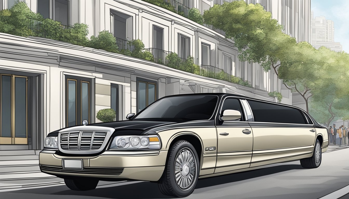 A luxurious limousine waits outside a UOB AMEX PRVI office in Singapore, symbolizing travel insurance and assistance