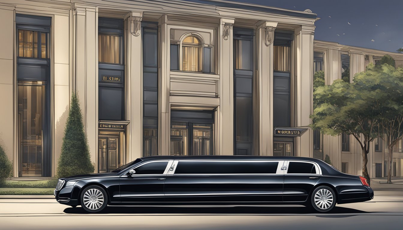 A sleek limousine waits outside a luxurious building, with a prominent UOB AMEX PRVI logo displayed. The scene exudes exclusivity and offers