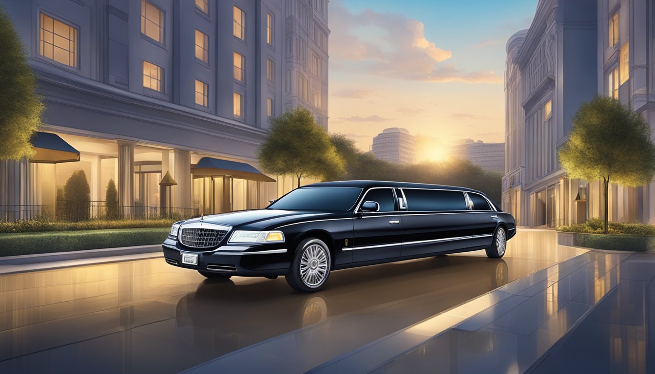 A sleek limousine pulls up to a luxury hotel entrance, while other credit cards sit neatly arranged on a table for comparison