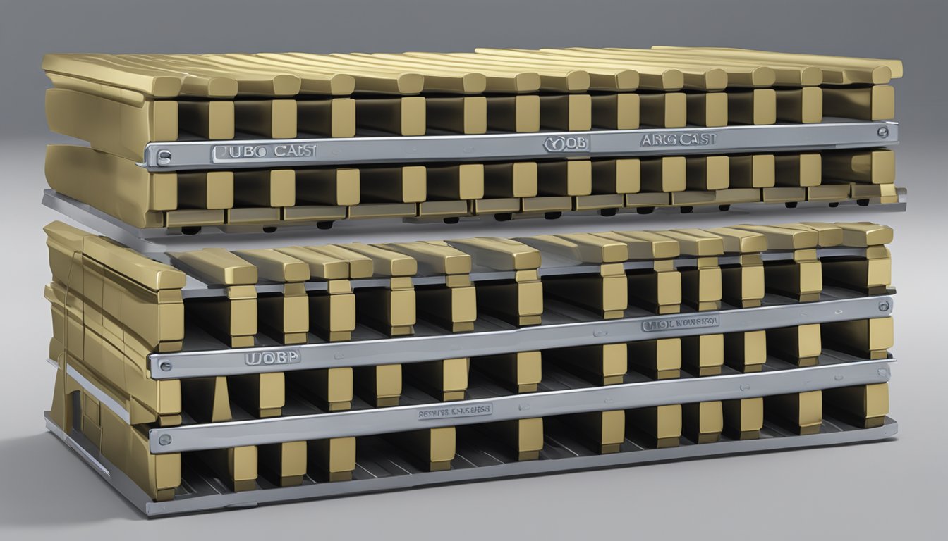 A stack of UOB Argor cast bars arranged neatly in a secure vault, with the UOB logo prominently displayed on each bar