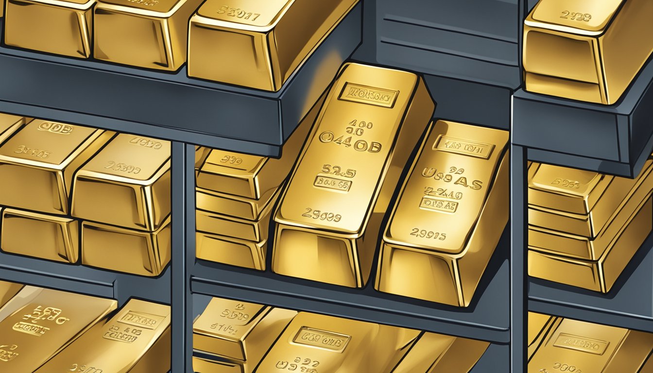 A stack of gold bars with the UOB Argor Cast logo in a secure vault in Singapore, with pricing and rates displayed nearby