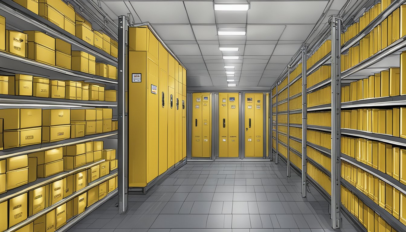 A high-security bullion storage room with UOB Argor cast bars in Singapore. Multiple security measures in place