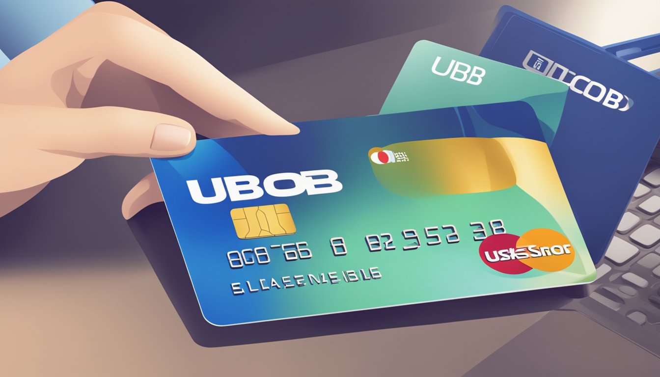 A credit card with a "UOB" logo is being used to transfer balance in Singapore