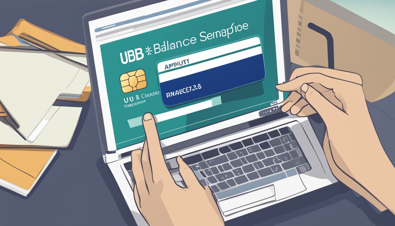 A hand holding a credit card with the words "Eligibility and Application" and "UOB Balance Transfer Singapore" displayed on a computer screen