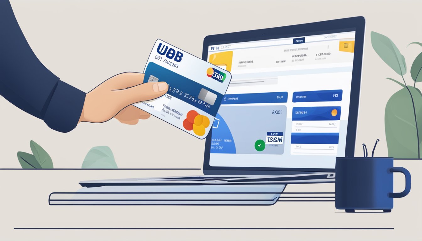 A person swiping a UOB credit card to transfer balance, with a laptop showing the UOB Balance Transfer webpage in the background