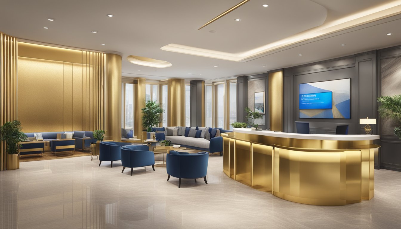 A luxurious UOB bank in Singapore showcases their gold investment options with sleek, modern decor and a professional, inviting atmosphere