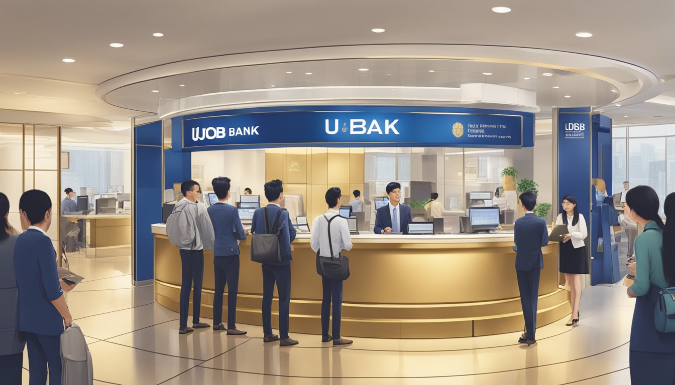 A bustling UOB bank branch in Singapore, with customers discussing gold investment options with bank staff. The bank's logo prominently displayed