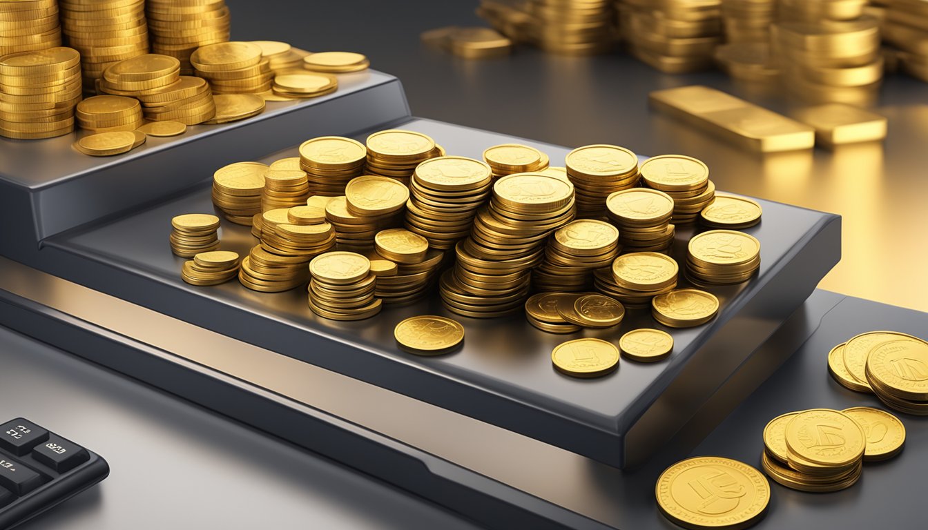 A stack of gold coins and bars displayed on a sleek, modern bank counter with the UOB logo prominently featured in the background