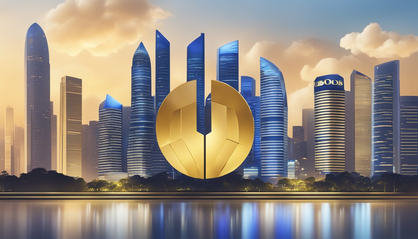 A golden UOB bank logo shines against a modern Singapore skyline, symbolizing investment opportunities