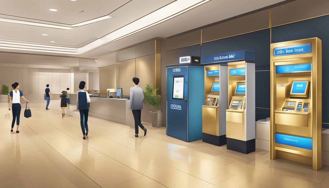A sleek and modern bank branch with a prominent sign reading "UOB Bank Gold Investment Singapore." Customers are seen approaching the teller desks and ATMs, while a display showcases gold investment options