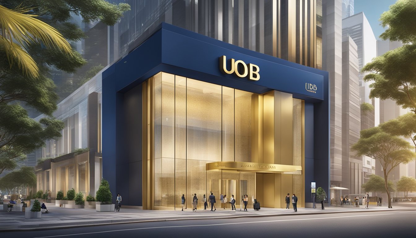 A sleek, modern bank branch in Singapore, with the UOB logo prominently displayed. A gold-themed savings account advertisement catches the eye