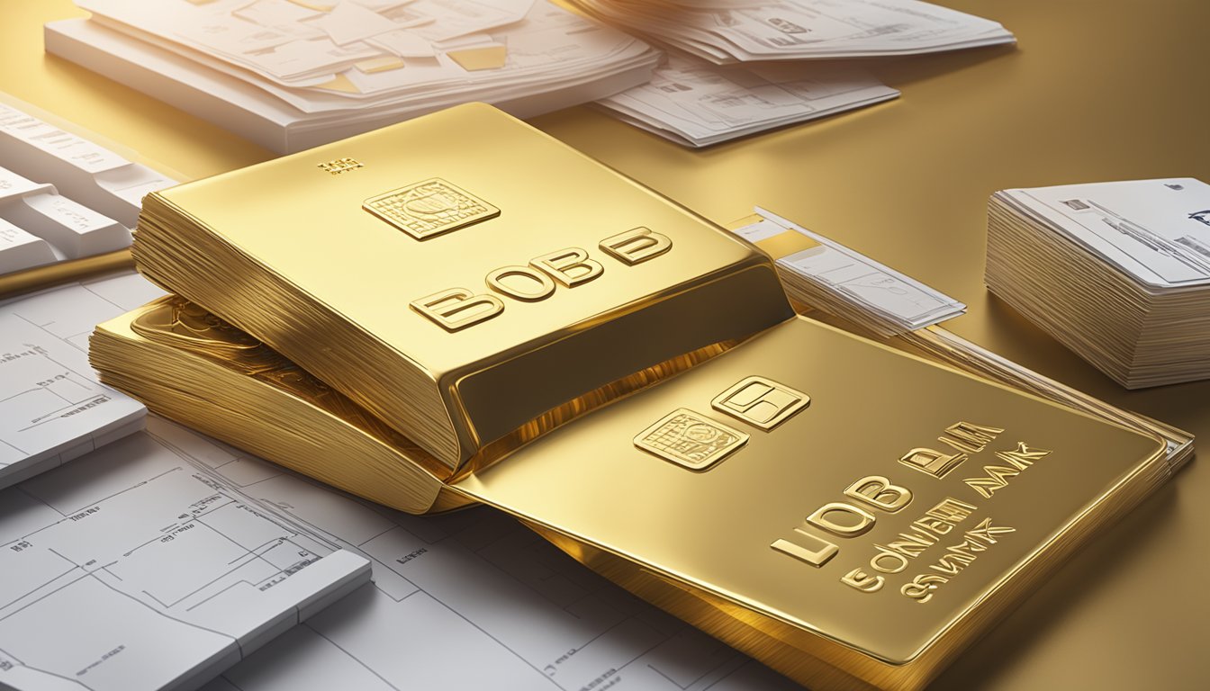 A golden UOB bank logo shines above a sleek Gold Saving Account booklet, set against a modern Singaporean backdrop