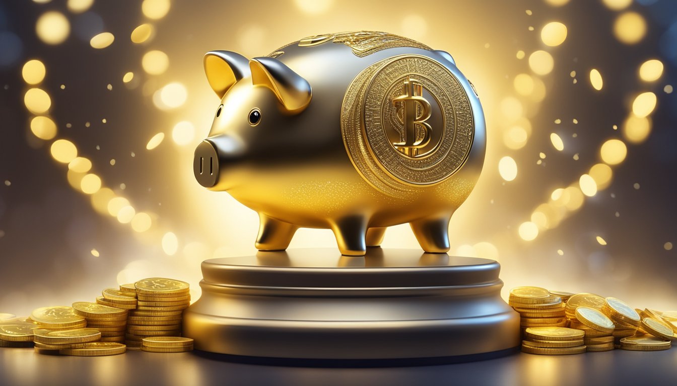 A golden piggy bank sits on a pedestal, surrounded by shimmering coins and a glowing halo, symbolizing the additional benefits and features of UOB Bank's gold saving account in Singapore