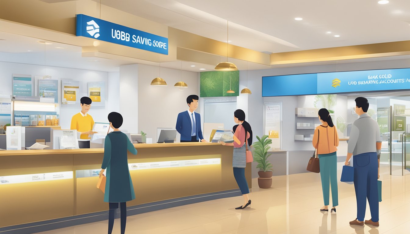 A bright and welcoming bank branch with a prominent sign displaying "UOB Gold Saving Account Singapore." Customers are seen approaching the counter with inquiries, while others are reading informational brochures