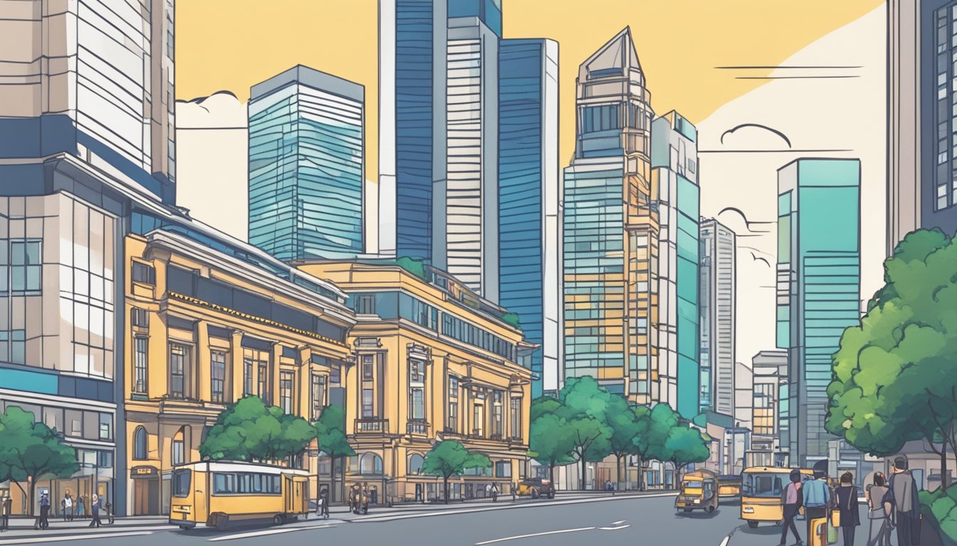 A bustling cityscape with a prominent bank building and various commercial properties, symbolizing financial considerations for business property loans in Singapore