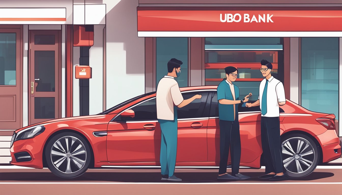 A shiny red car sits in front of a UOB bank branch in Singapore, with a loan officer handing over the keys to a smiling customer