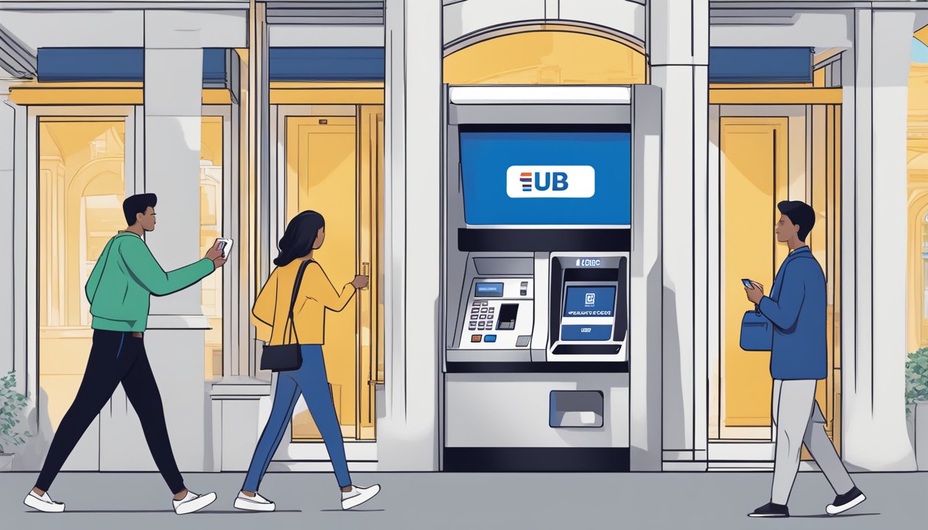 A person swiping a CashPlus card at a UOB ATM, with the bank logo prominently displayed. The screen shows the account balance and transaction options