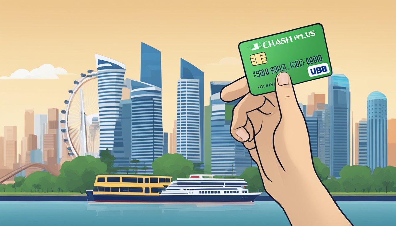 A hand holding a UOB Cash Plus card in front of a Singapore skyline