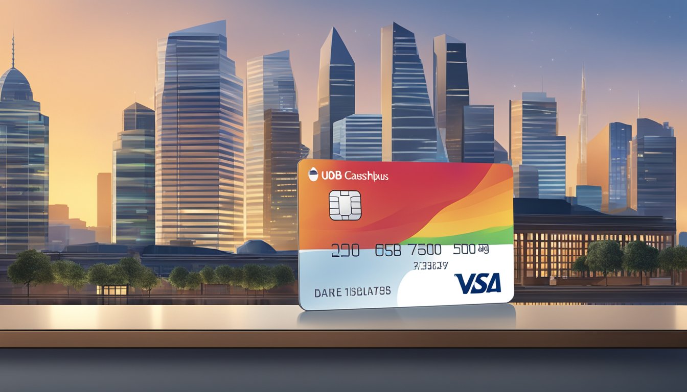 The UOB CashPlus card sits on a sleek, modern desk with a city skyline in the background, reflecting its versatility and convenience for urban living