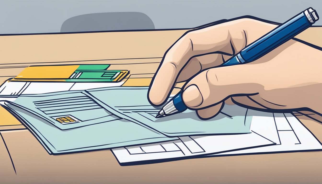A hand holding a UOB Cash Plus card, filling out an application form with a pen on a desk