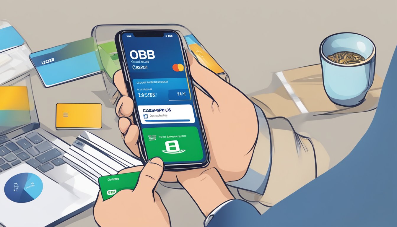A hand holding a UOB CashPlus card, with a smartphone displaying the CashPlus account management app open on the screen