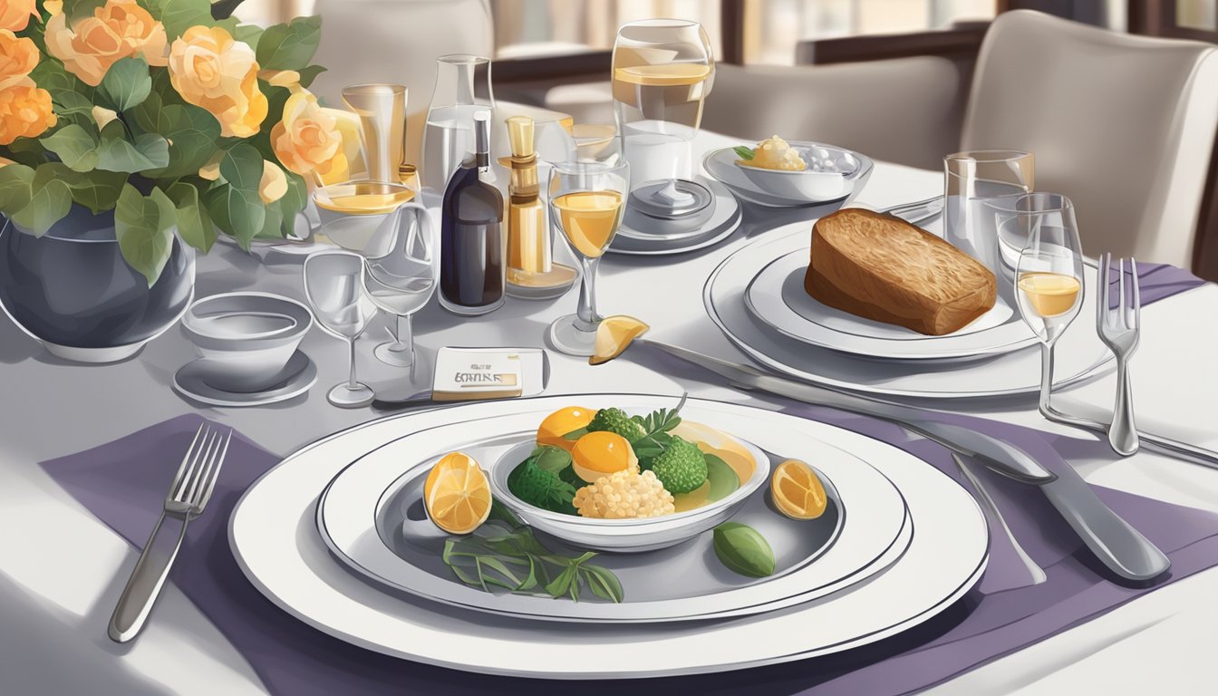 A table set with fine dining utensils and a credit card displayed, surrounded by elegant restaurant decor in Singapore