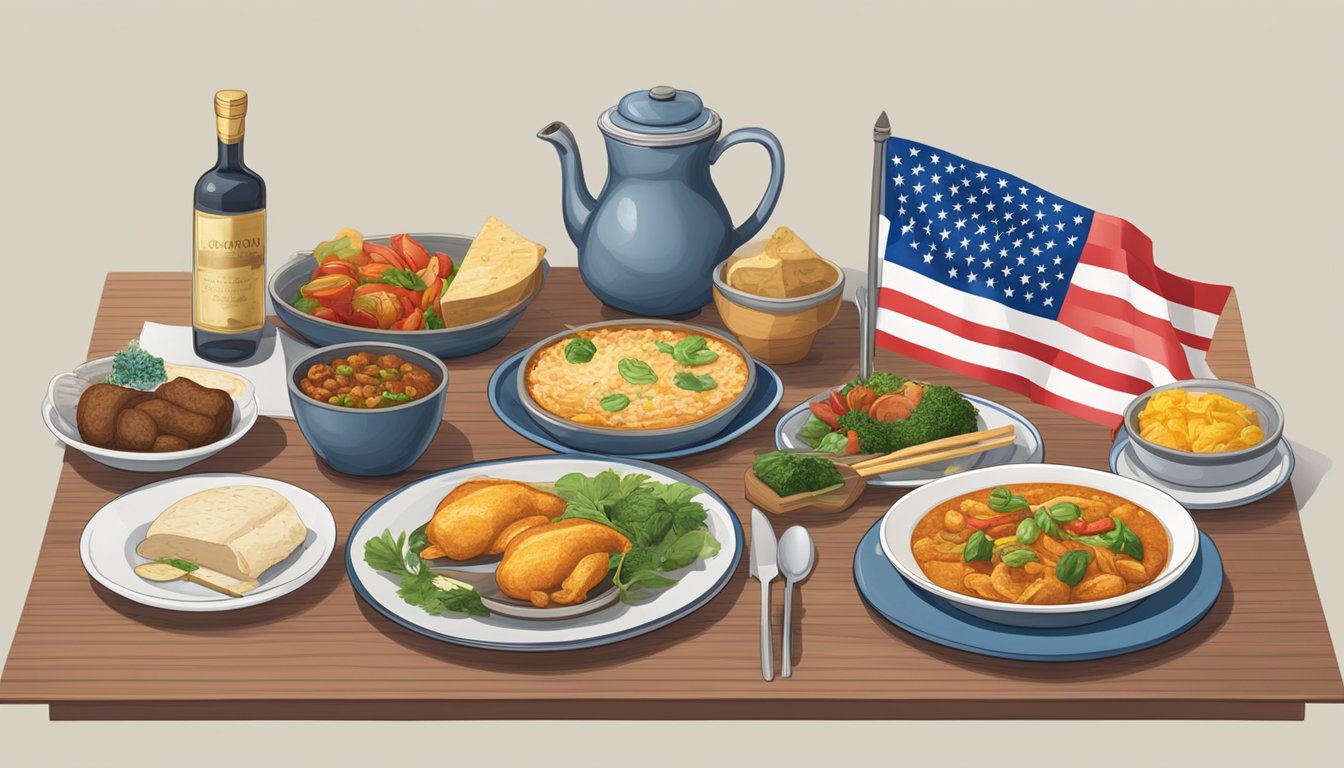 A table set with international cuisines, UOB credit card displayed, flags of different countries, and a passport to symbolize gourmet experiences across borders