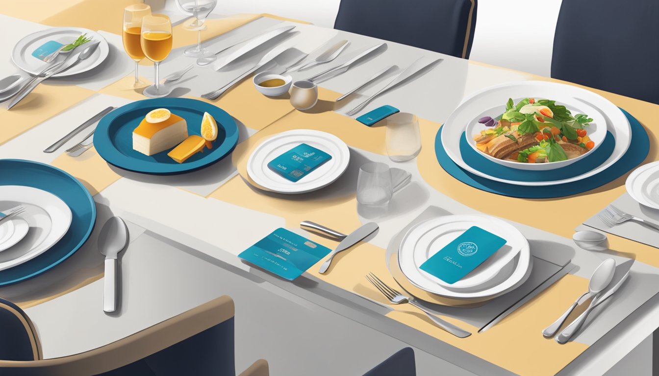 A table set with fine dining utensils and a UOB credit card displayed, with a menu showcasing exclusive dining privileges in Singapore