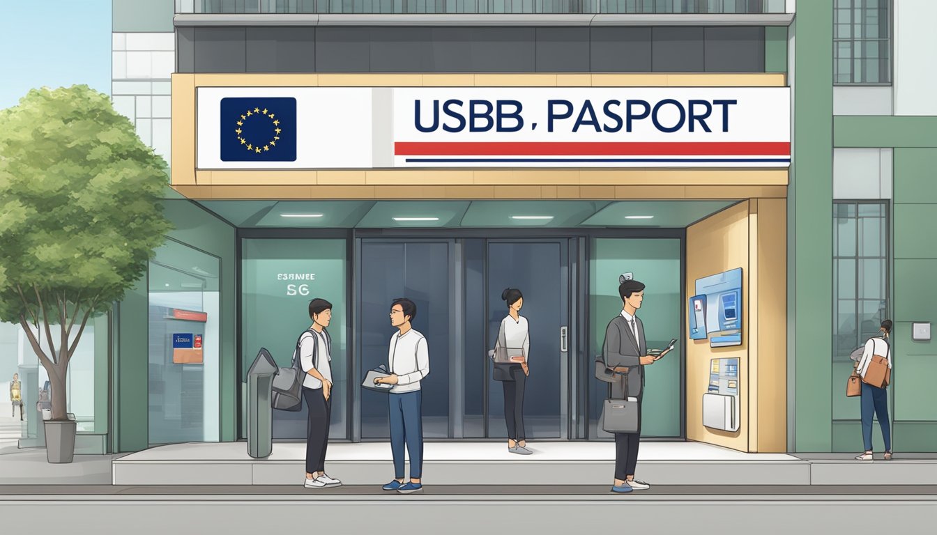 A foreigner holding a passport and a UOB credit card, standing in front of the UOB branch in Singapore