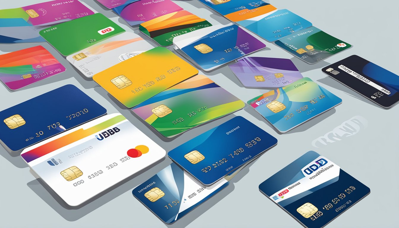 A display of UOB credit cards, showcasing the variety and eligibility for foreigners in Singapore