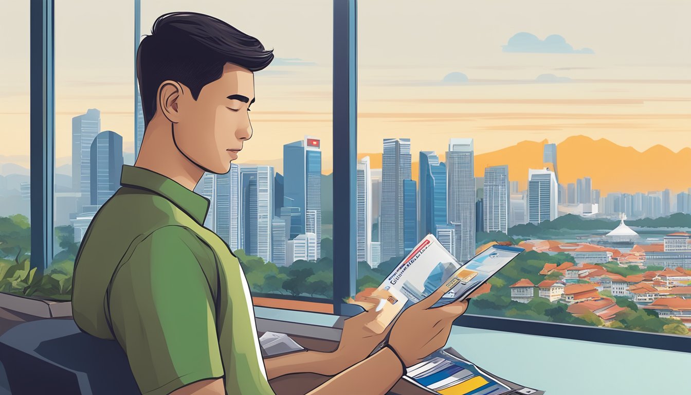 A foreigner holding a UOB credit card, reading a brochure on fees and charges, with a Singaporean skyline in the background
