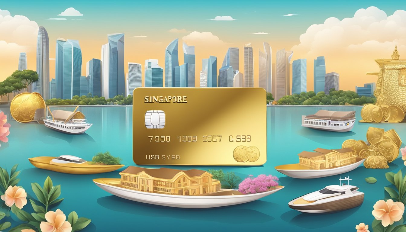 A golden credit card surrounded by luxury items and a skyline of Singapore