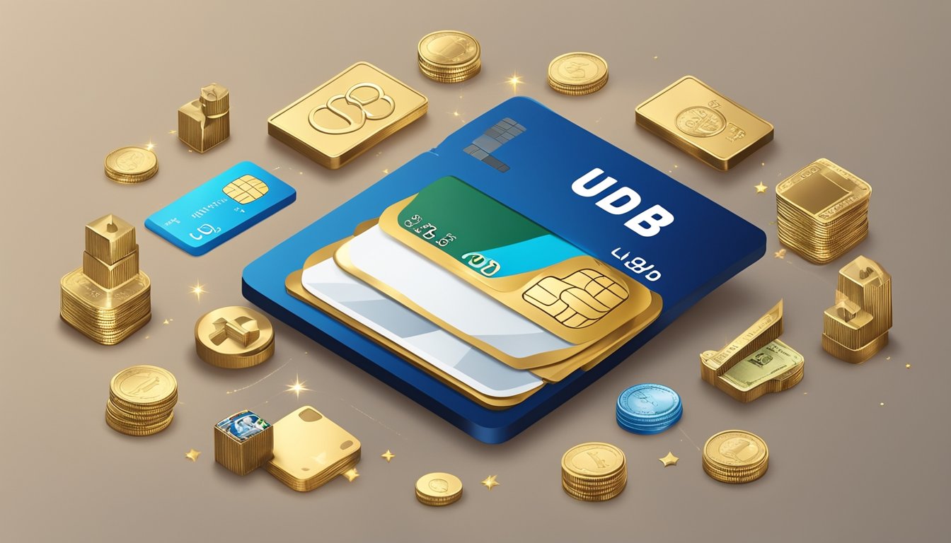 A credit card with the UOB logo on it, surrounded by symbols of financial growth and prosperity, such as a rising graph, a pile of money, and a golden key