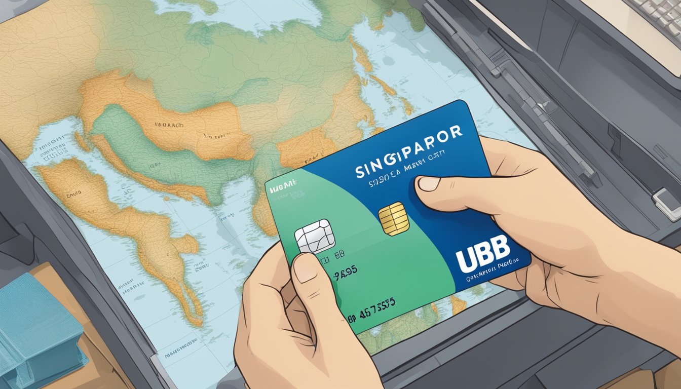 A traveler swipes a UOB credit card at a foreign merchant, with a map of Singapore in the background