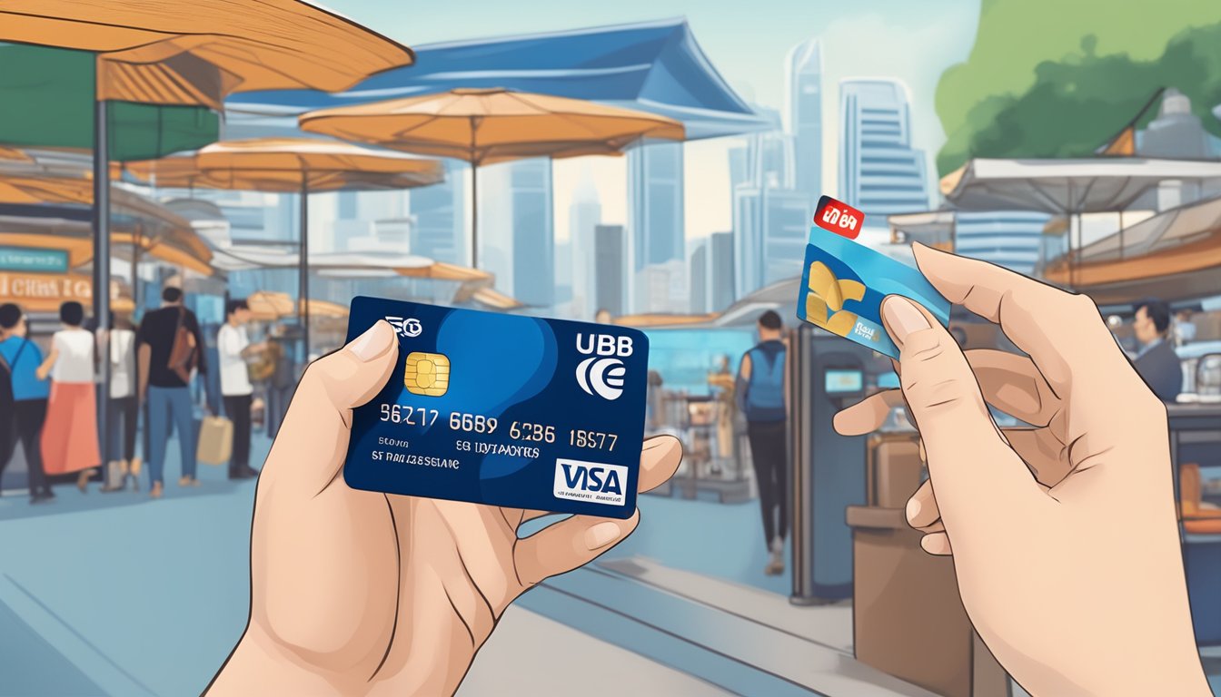 A traveler swiping a UOB credit card at a bustling overseas market, with iconic Singapore landmarks in the background