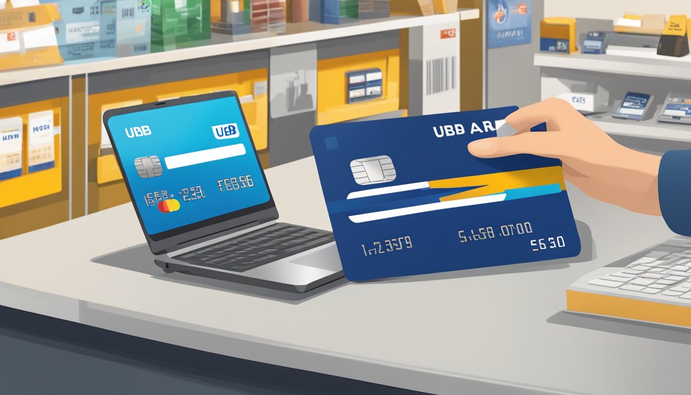 A credit card being swiped at a foreign store with a UOB logo, displaying overseas transaction fees and charges