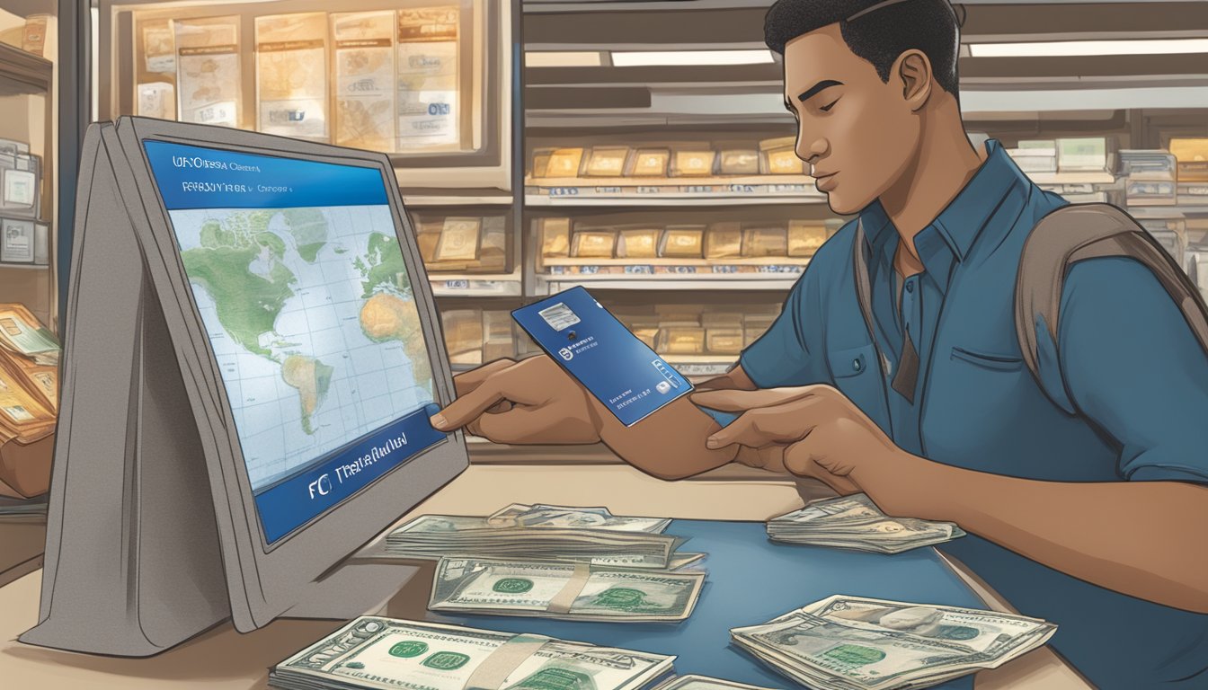 A traveler swipes a UOB credit card at a foreign shop, with a map and foreign currency in the background