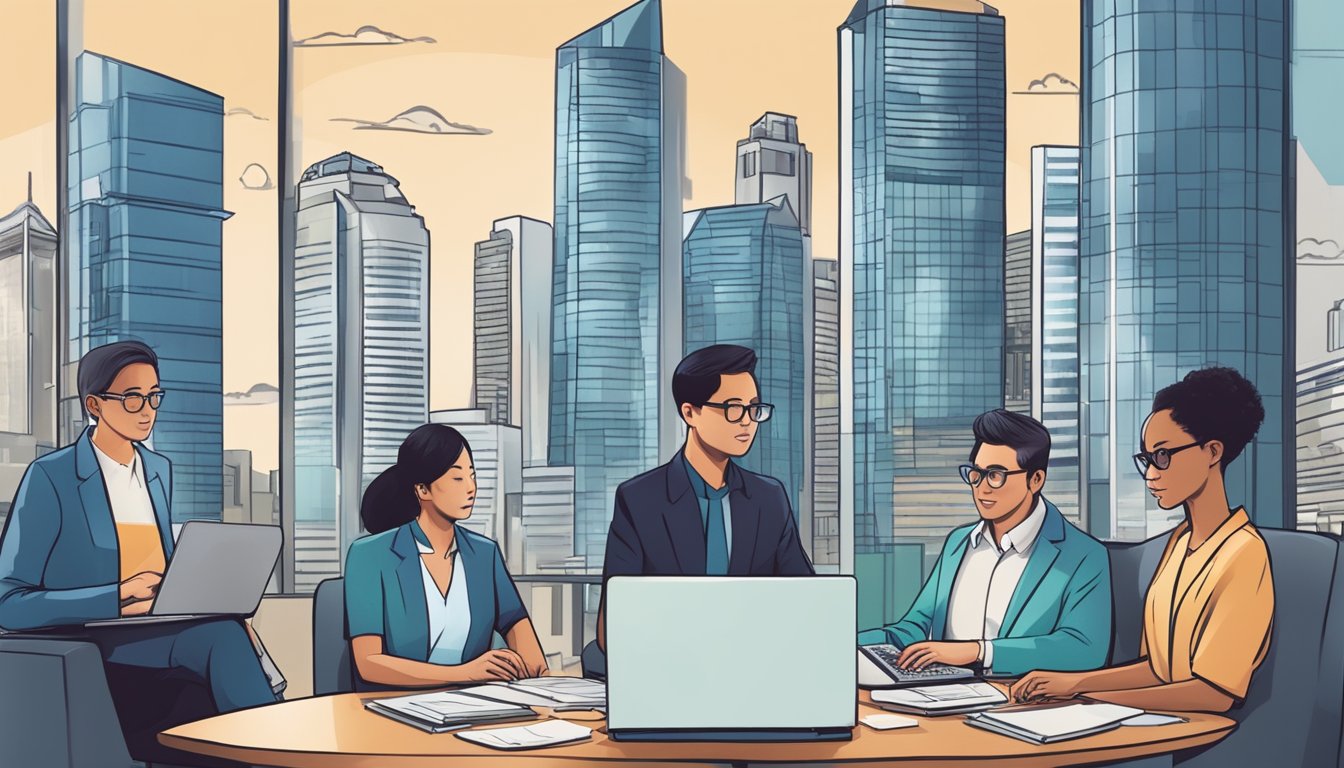 A bustling Singapore cityscape with prominent bank buildings, a business owner researching loan options on a laptop, and a diverse group of professionals discussing financial matters