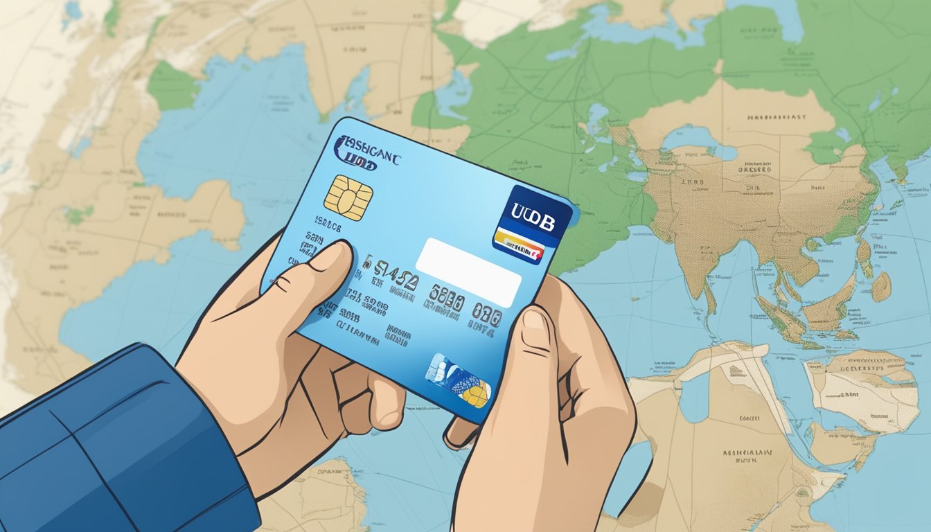 A traveler swiping a UOB credit card at a foreign merchant, with a map of Singapore in the background