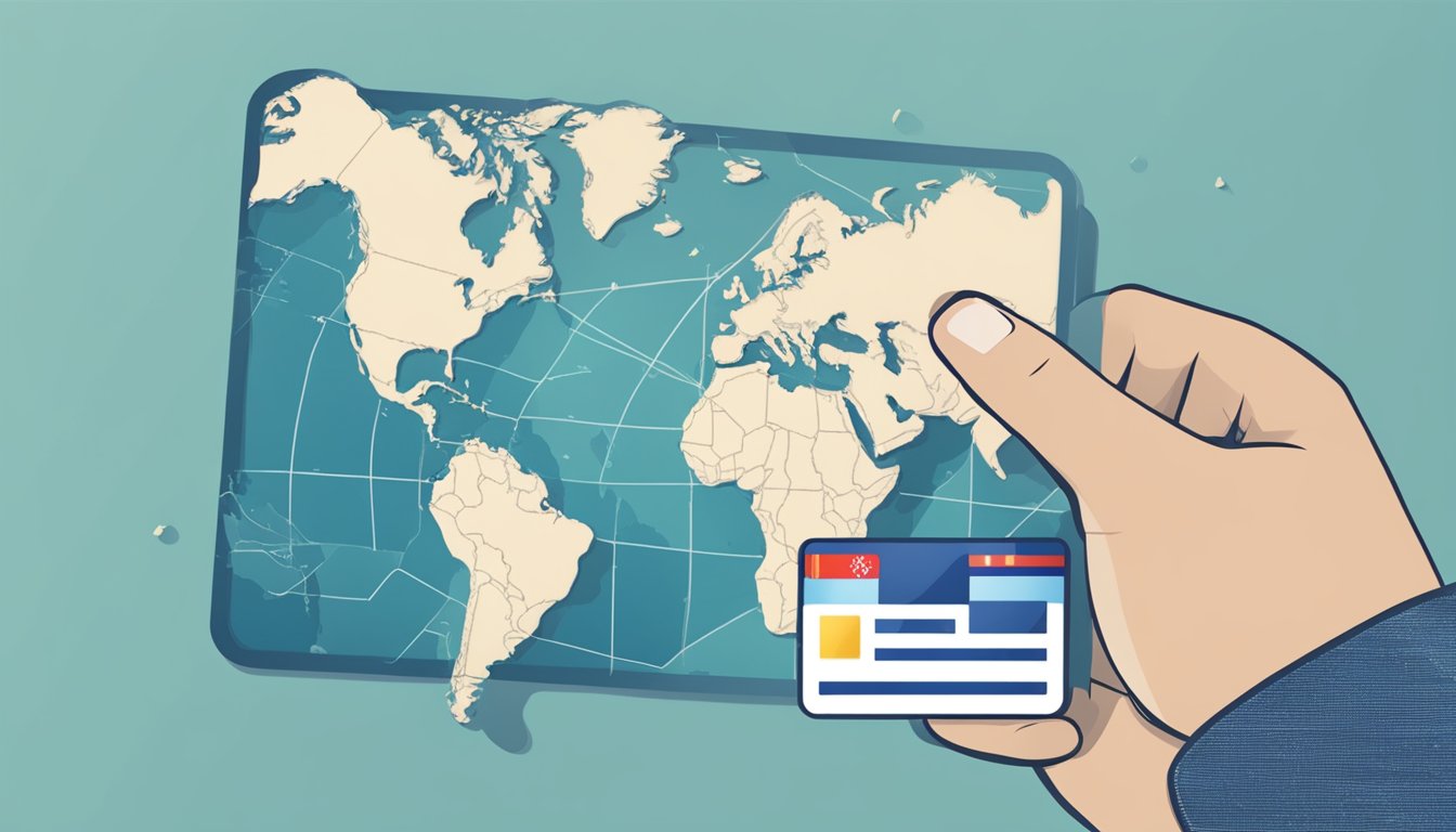 A hand holding a UOB credit card with a world map in the background, highlighting Singapore, while a small fee icon is displayed next to the card