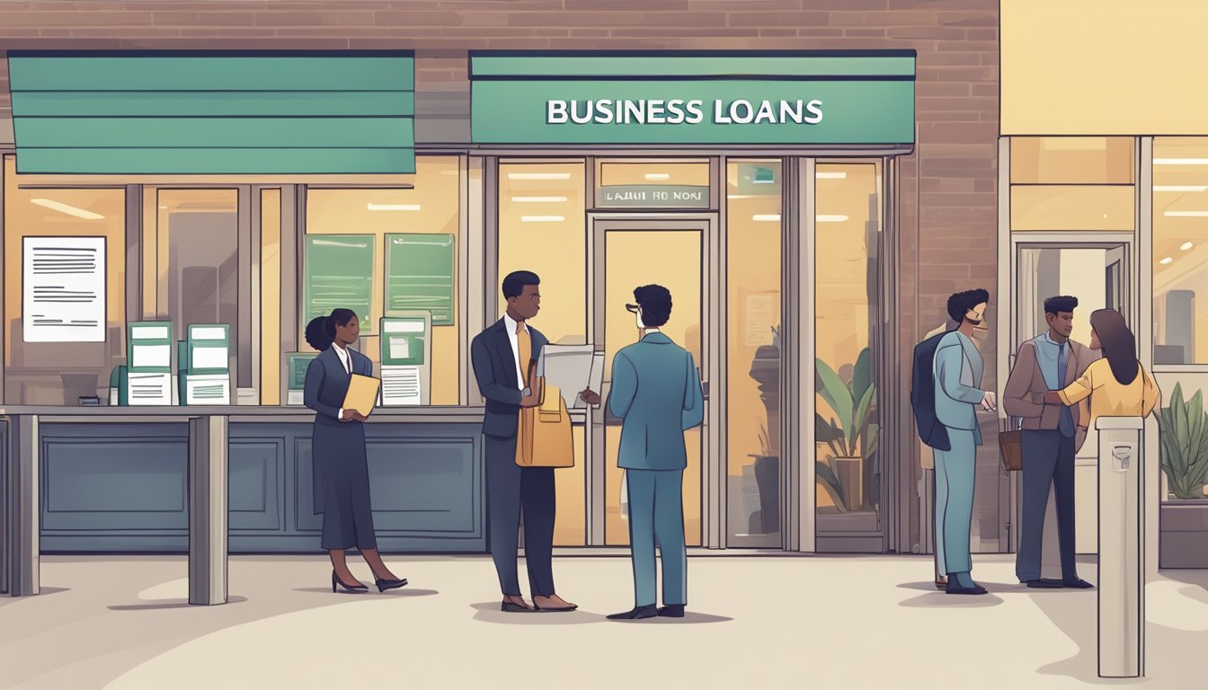 A busy bank branch with customers waiting in line, a sign promoting business loans, and a bank officer assisting a business owner with loan application paperwork