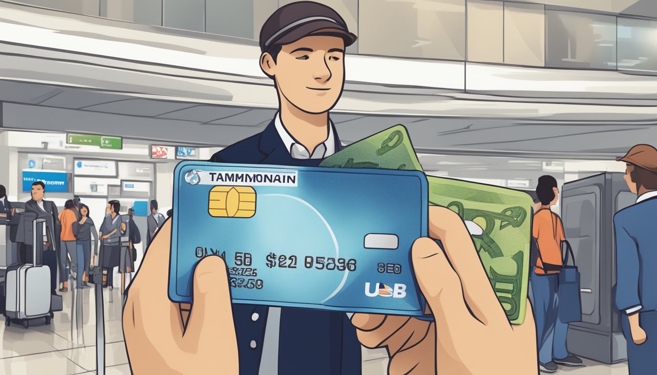 A traveler swipes a UOB card at a foreign terminal, with currency symbols and a small transaction fee displayed in the background