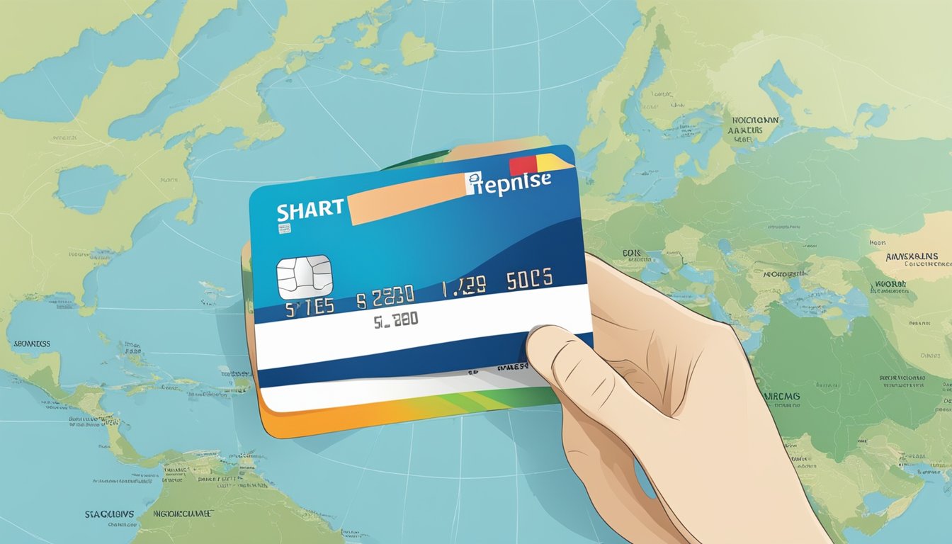 A credit card being used for a purchase abroad, with a map of Singapore in the background