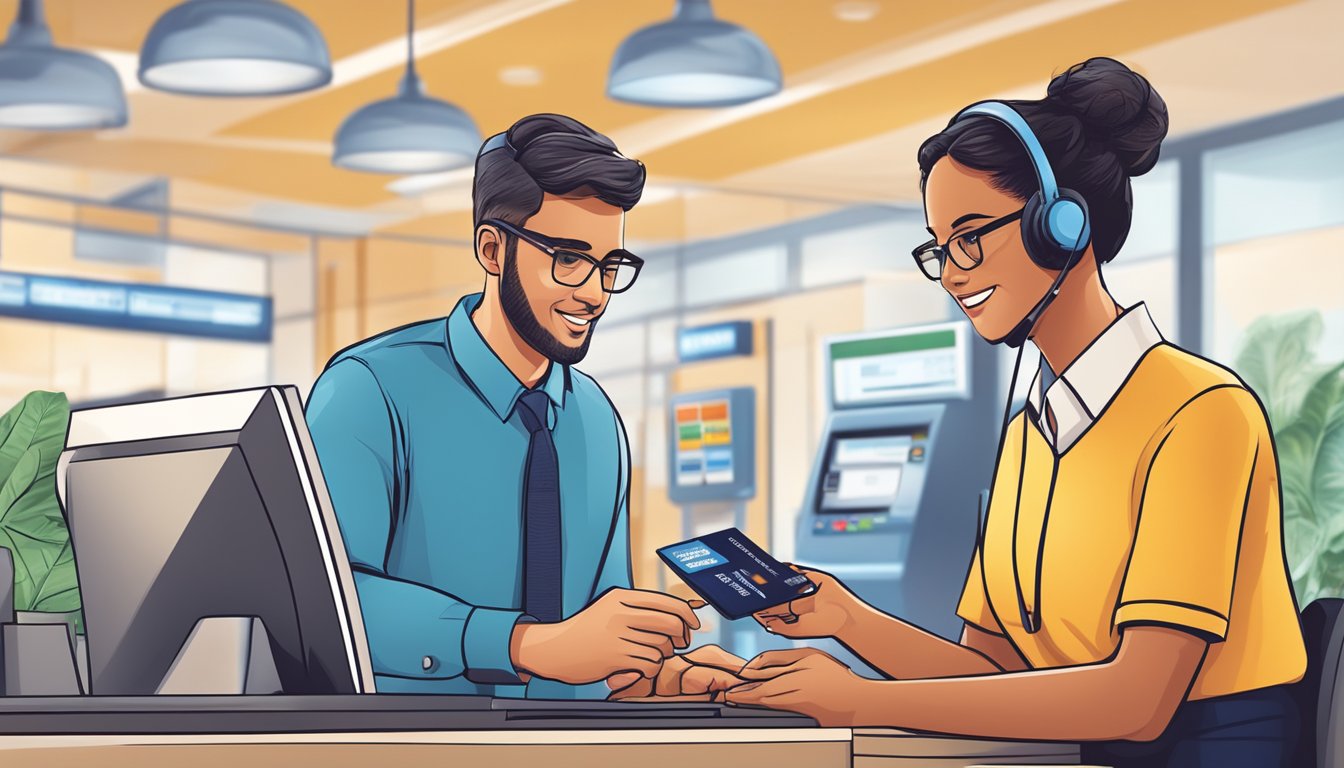 A customer service representative assists a client with a credit card transaction while ensuring security measures are in place