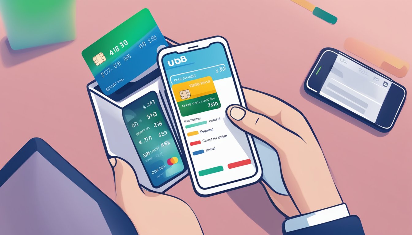 A person holding a UOB credit card while reviewing their credit limit on a smartphone app