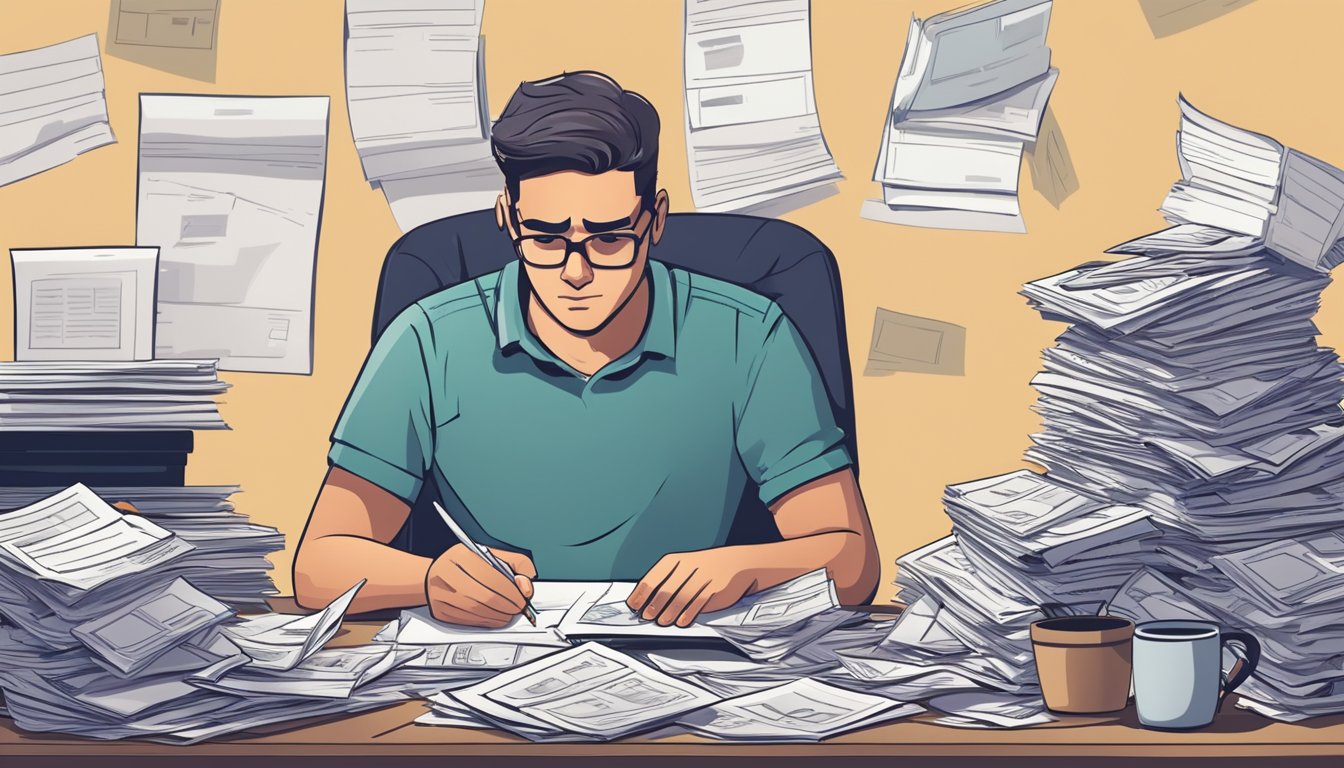 A person sits at a desk, surrounded by bills and paperwork. They look stressed and overwhelmed as they try to make sense of their finances