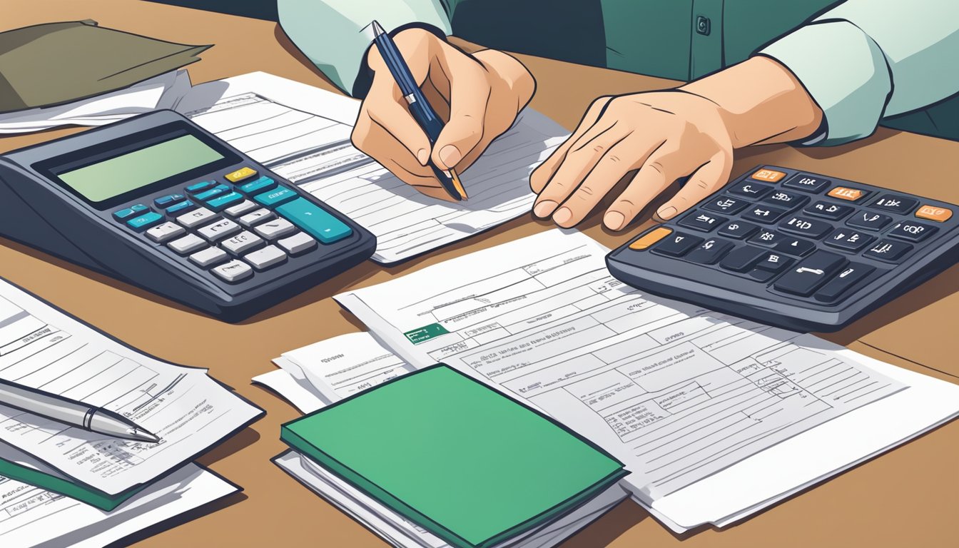 A person sitting at a desk, filling out a loan application form with a pen, surrounded by financial documents and a calculator