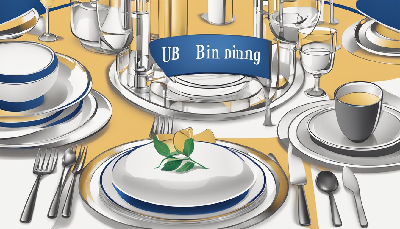 A table set with fine dining utensils and a UOB Dining Privileges sign displayed prominently
