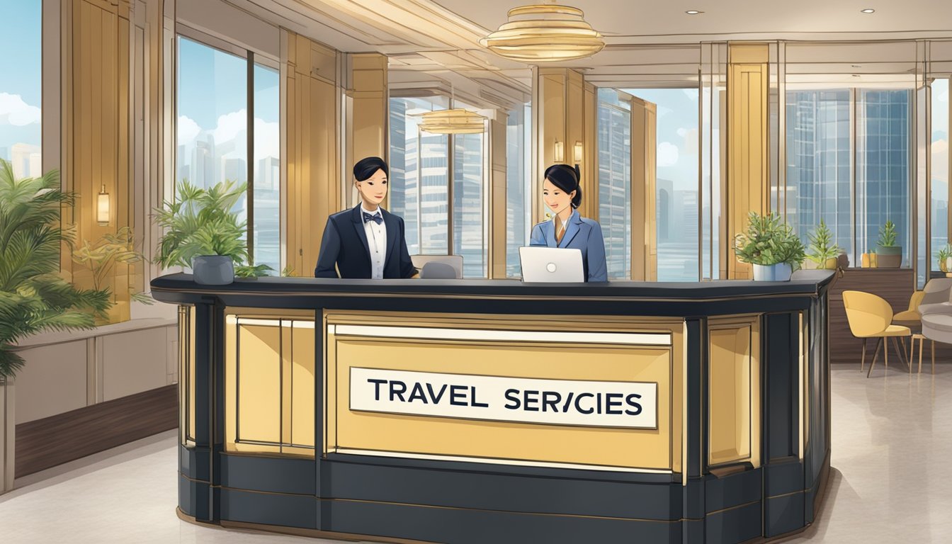 A concierge desk with a sign for "Travel Services" and "UOB Dining Privileges" in Singapore